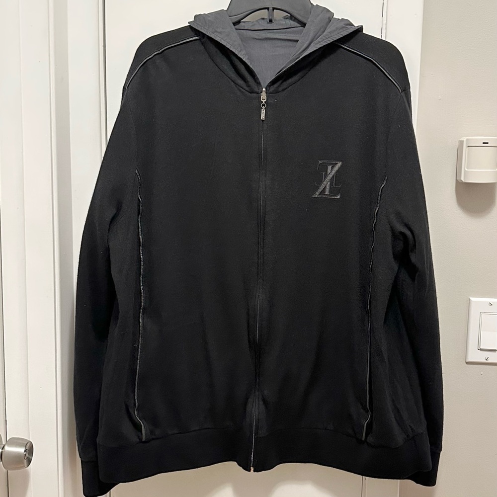 ZILLI Reversible Zip Up Hooded Logo Jacket Wool Cashmere Silk black gray XL Men